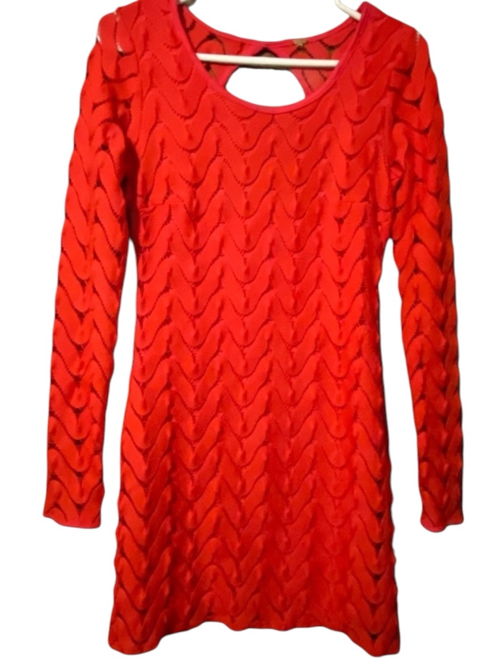 Free People Red Crochet Knit Mini Dress Long Sleeve Open Back Tunic Romantic